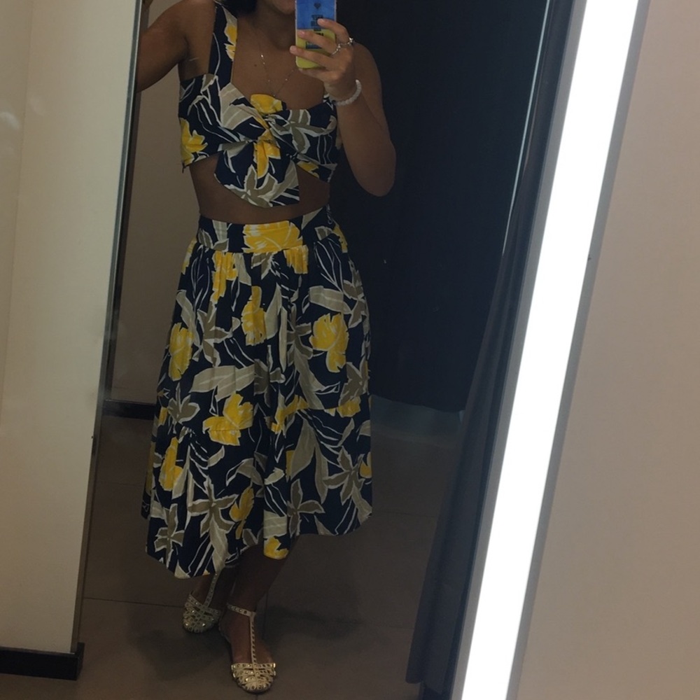 Zara Black Floral Tiered Maxi Skirt with Yellow and Tan Print